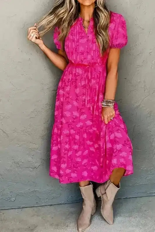 Midi Dresses Rose Red / S / 100%Viscose Rose Red Floral Midi Dress - Pleated Flowy