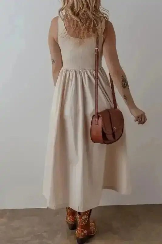 Sleeveless ribbed bodice pleated midi dress back view — Fashionfitz UK