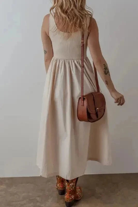 Midi Dresses Sleeveless Midi Dress - Ribbed Bodice Pleated