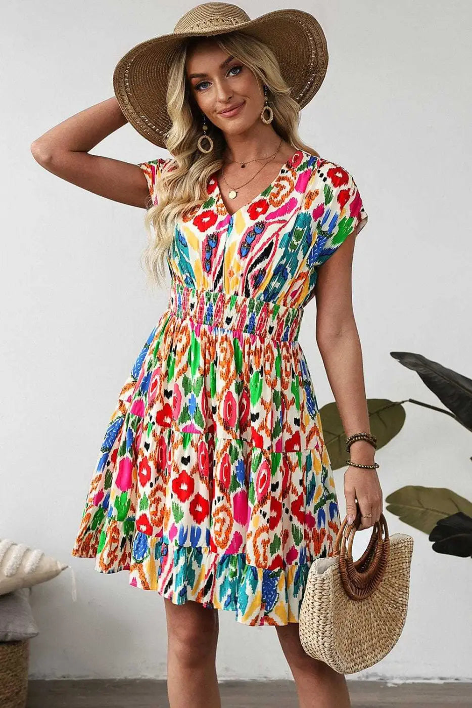 Mini Dresses Abstract Rainbow Tiered Mini Dress