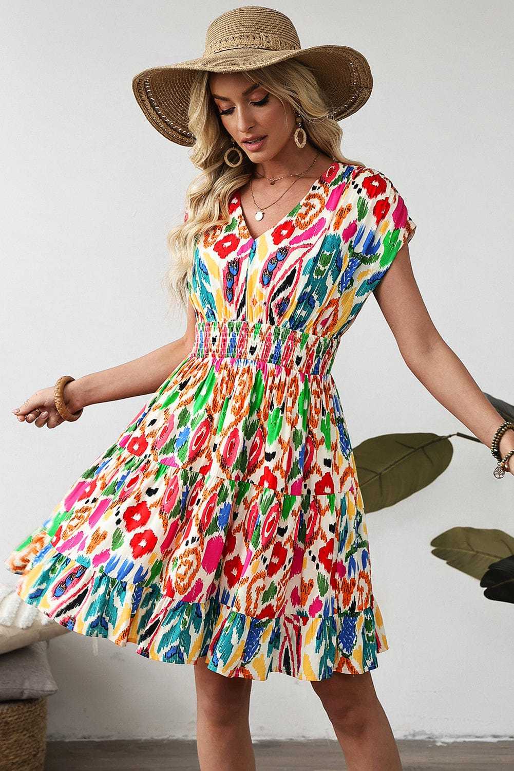 Mini Dresses Abstract Rainbow Tiered Mini Dress