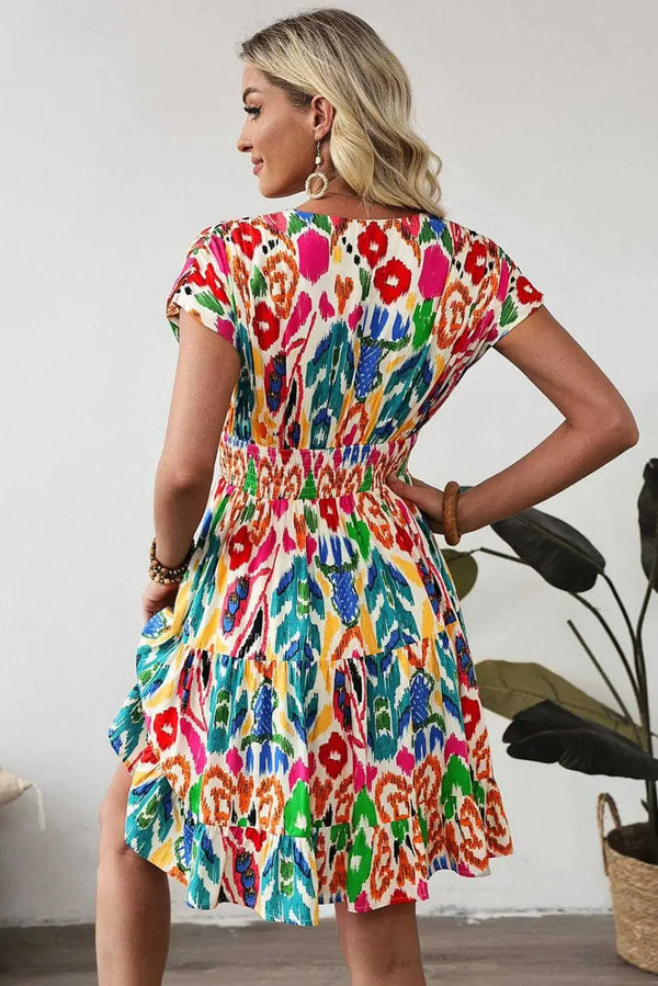 Abstract rainbow tiered mini dress back view — Fashionfitz UK