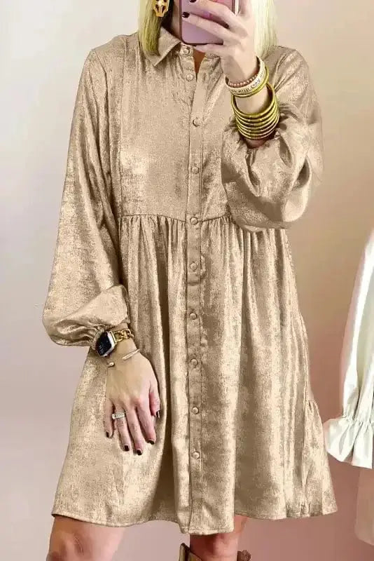 Apricot Metallic Puff Sleeve Mini Shirt Dress L
