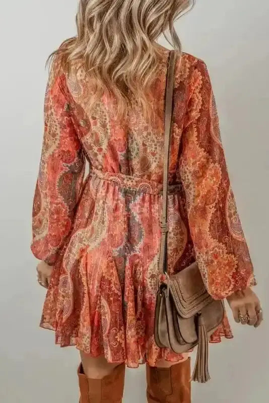 Orange paisley A-line mini dress back view — Fashionfitz UK