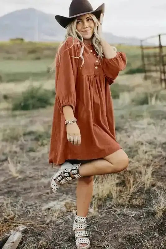 Mini Dresses Autumn Empire Corduroy Dress - Gold Flame