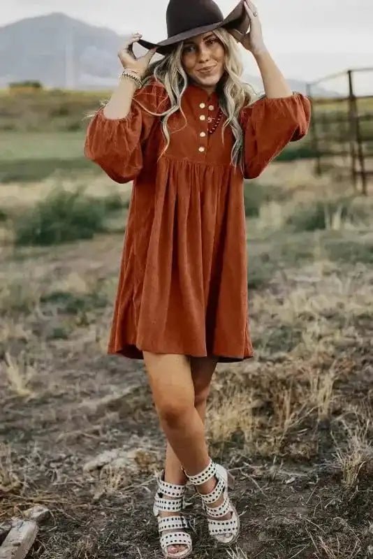 Mini Dresses Autumn Empire Corduroy Dress - Gold Flame