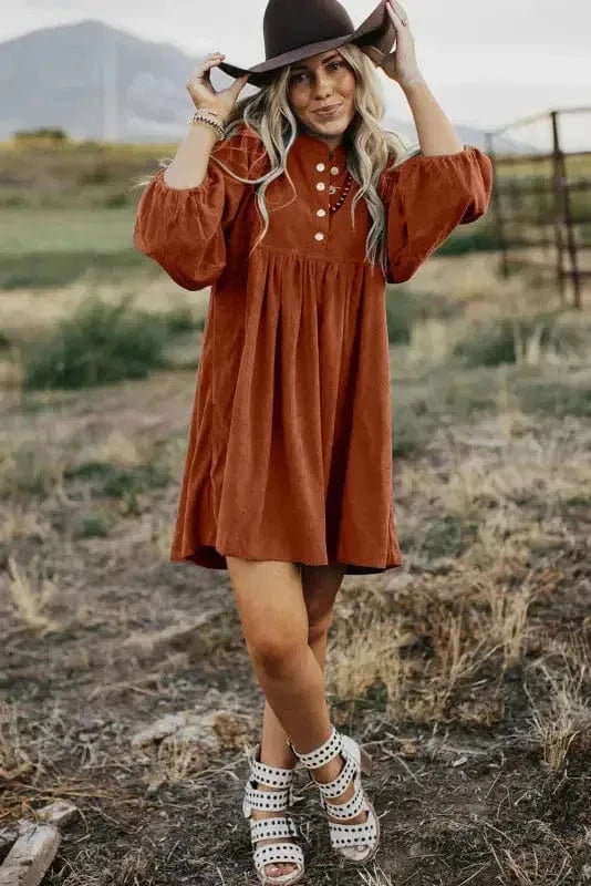 Mini Dresses Autumn Empire Corduroy Dress - Gold Flame