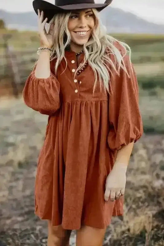 Mini Dresses Autumn Empire Corduroy Dress - Gold Flame