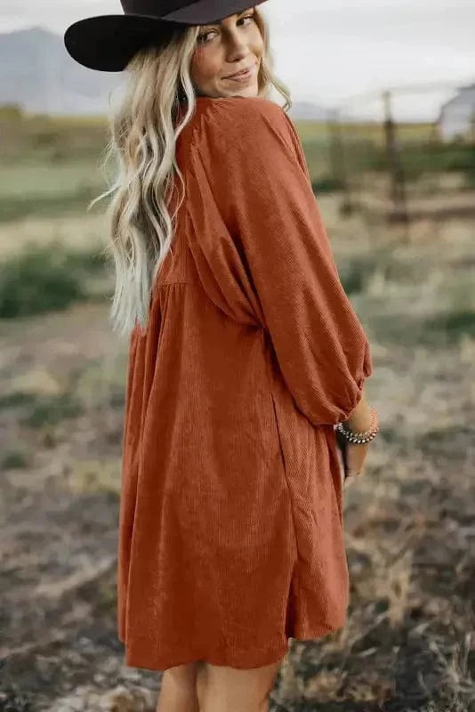Mini Dresses Autumn Empire Corduroy Dress - Gold Flame