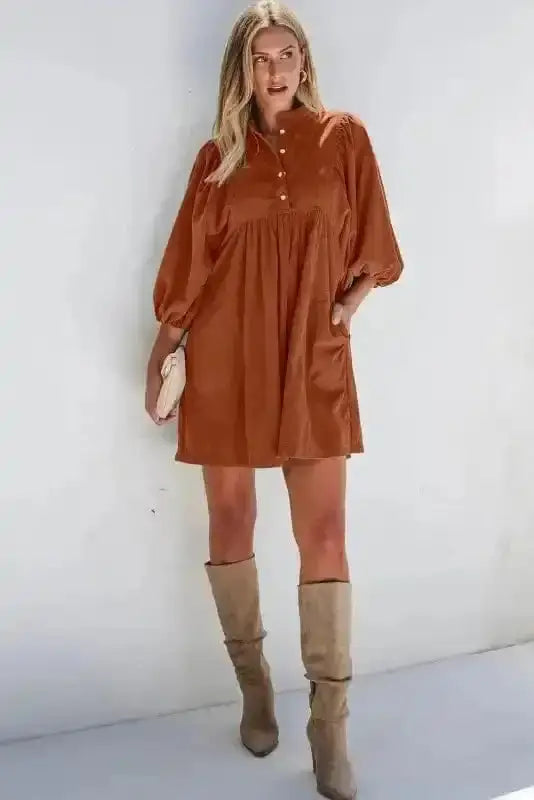 Mini Dresses Autumn Empire Corduroy Dress - Gold Flame
