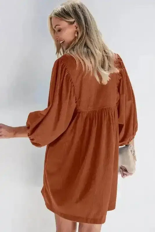 Gold corduroy empire waist mini dress back view — Fashionfitz UK