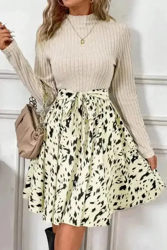 Beige belted ribbed knit colourblock patchwork mini dress front view — Fashionfitz UK