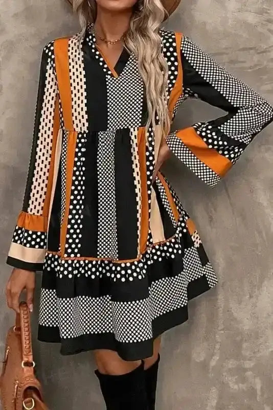 Black polka dot ruffle high waist mini dress front view — Fashionfitz UK