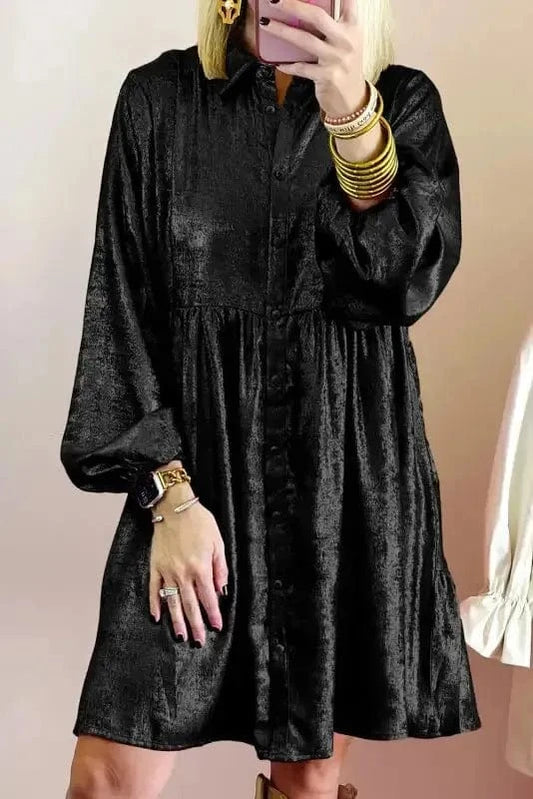 Mini Dresses Black / S / 100%Polyester Shimmer Chic Mini Shirt Dress