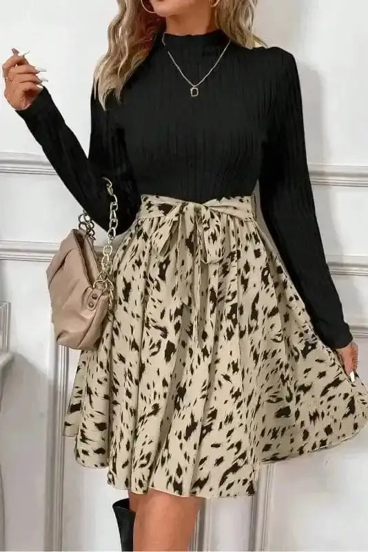 Black ribbed belted A-line elegant print mini dress front view — Fashionfitz UK