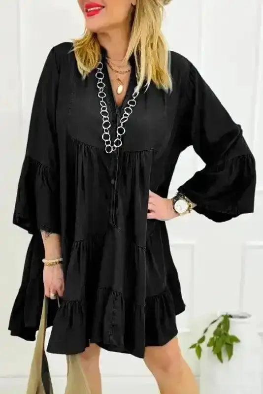 Black chambray tiered rick rack mini dress front view — Fashionfitz UK