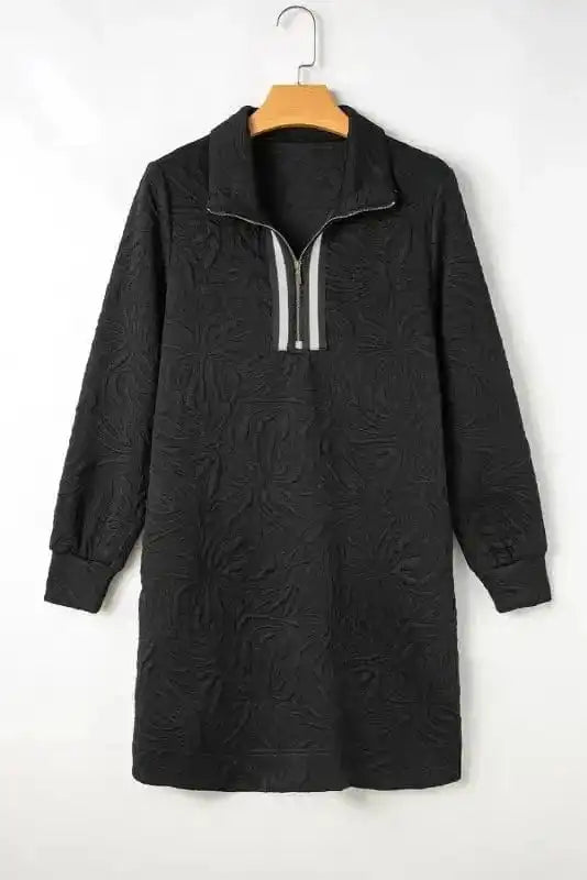 Mini Dresses Black / S / 97%Polyester+3%Elastane Jacquard Zipper Shift Dress