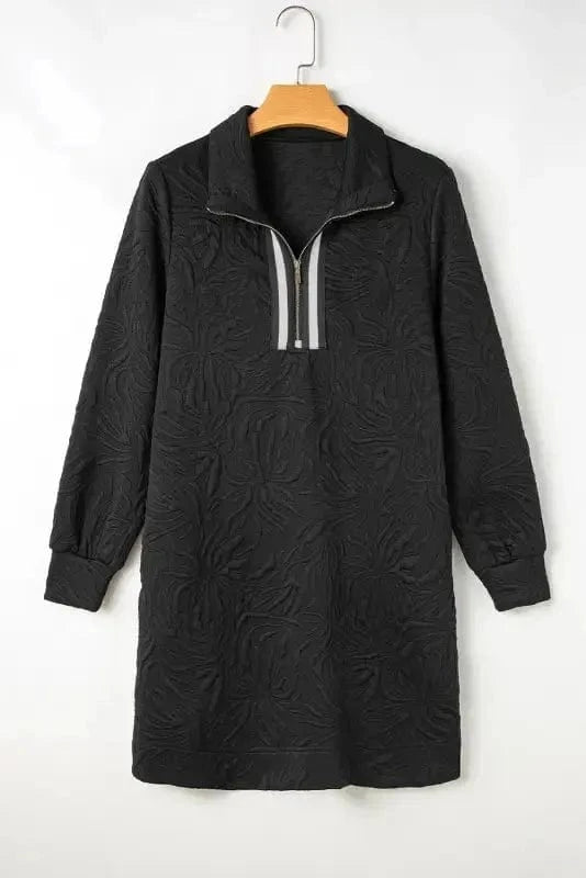 Mini Dresses Black / S / 97%Polyester+3%Elastane Jacquard Zipper Shift Dress