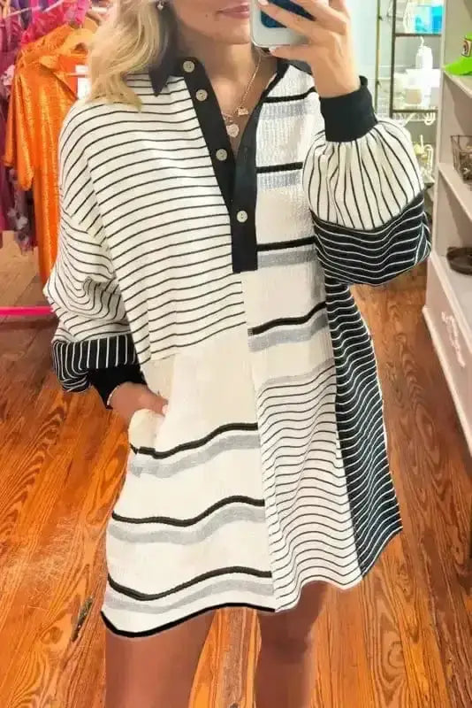 Black stripe Henley knit long sleeve cosy mini dress front view — Fashionfitz UK