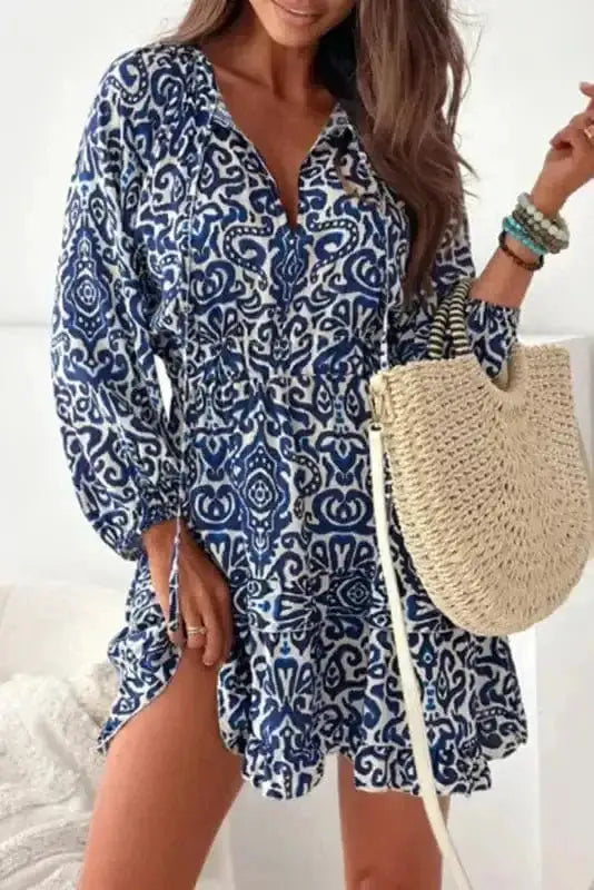 Blue vintage A-line lace-up boho mini dress front view — Fashionfitz UK