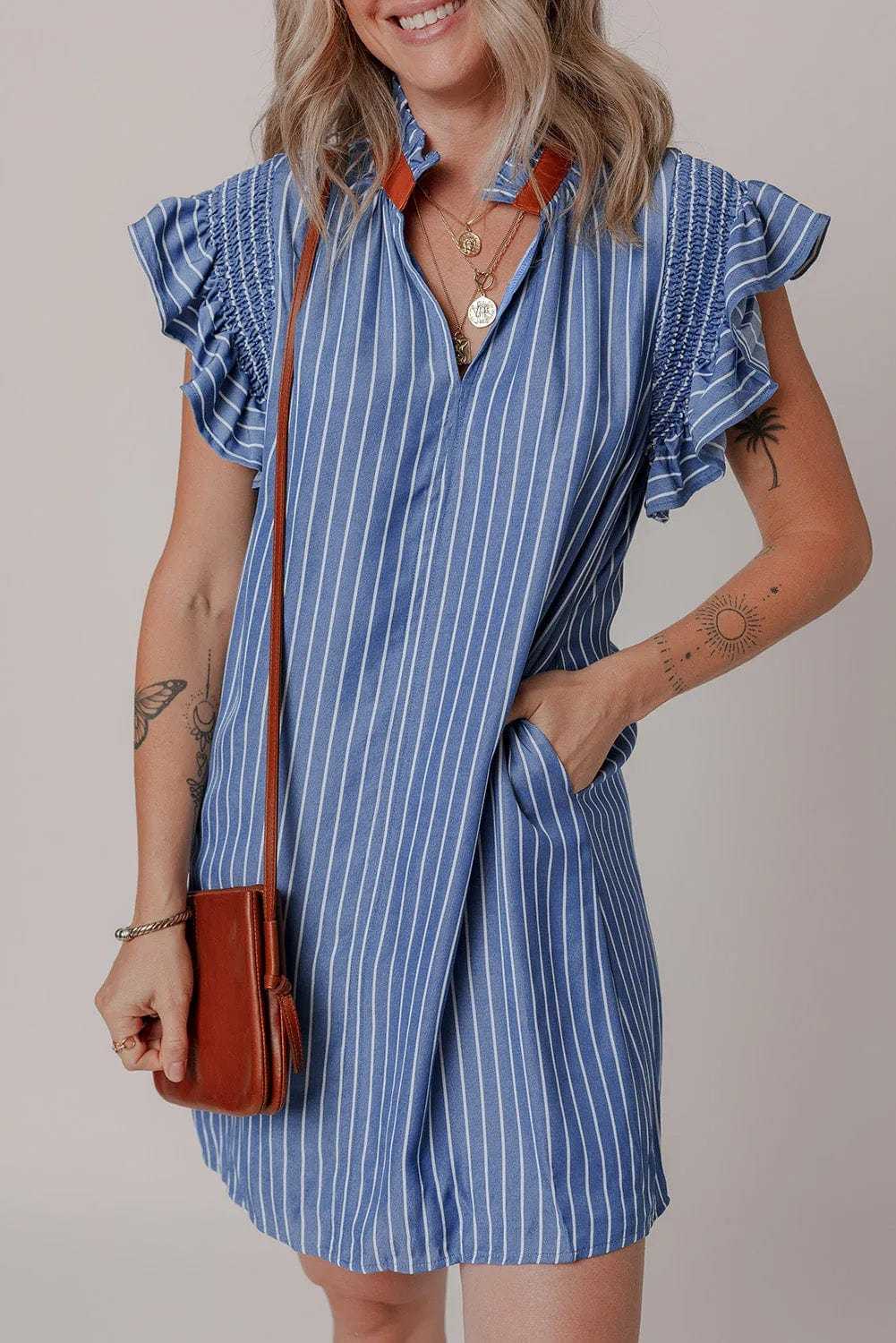 Mini Dresses Blue Stripe Short Shift Dress