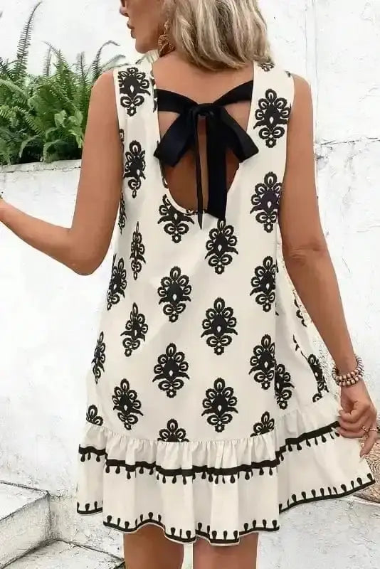 Boho geometric print sleeveless bowknot mini dress front view — Fashionfitz UK