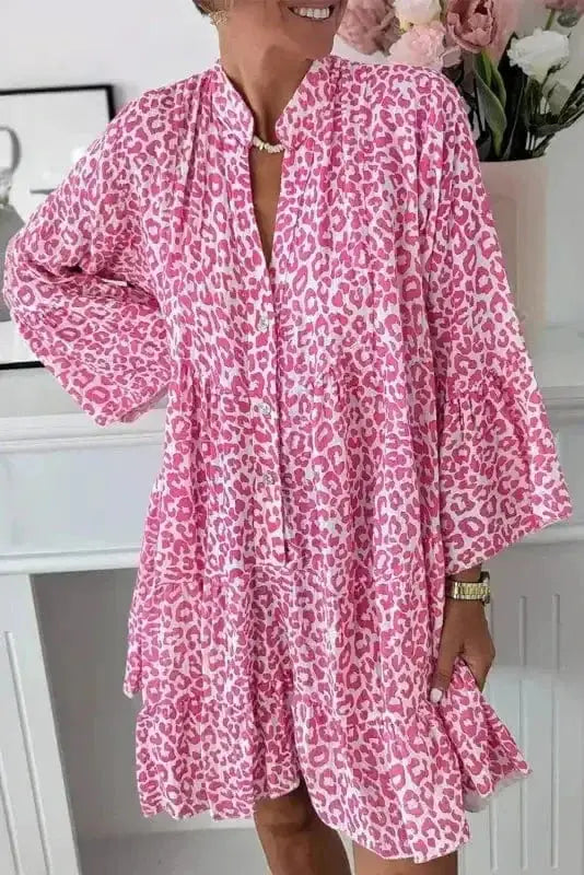 Bright pink leopard print button front long sleeve mini dress front view — Fashionfitz UK