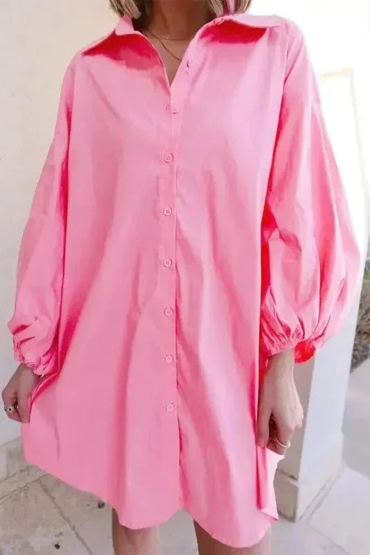 Mini Dresses Bright Pink / S / 50%Cotton+50%Lyocell Chic Pink Balloon-Sleeve Mini Dress