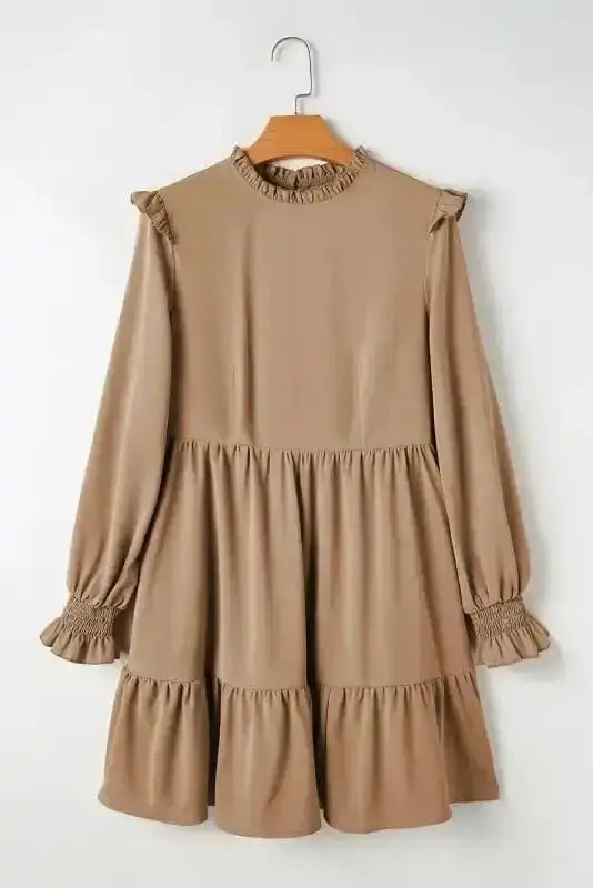 Mini Dresses Chic Beige Frill Collar Tiered Dress