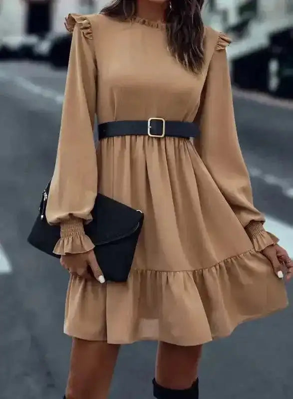 Mini Dresses Chic Beige Frill Collar Tiered Dress