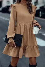 Mini Dresses Chic Beige Frill Collar Tiered Dress