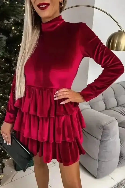 Velvet ruffle high neck elegant evening mini dress front view — Fashionfitz UK