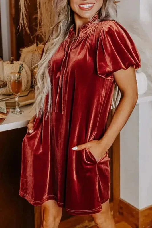 Mini Dresses Cinnamon / S / 95%Polyester+5%Elastane Velvet Vogue Puff Mini Dress