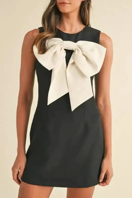 Mini Dresses Color black / S / 92%Polyester+8%Elastane Elegant Black Mini Dress – Sleeveless Bowknot Applique