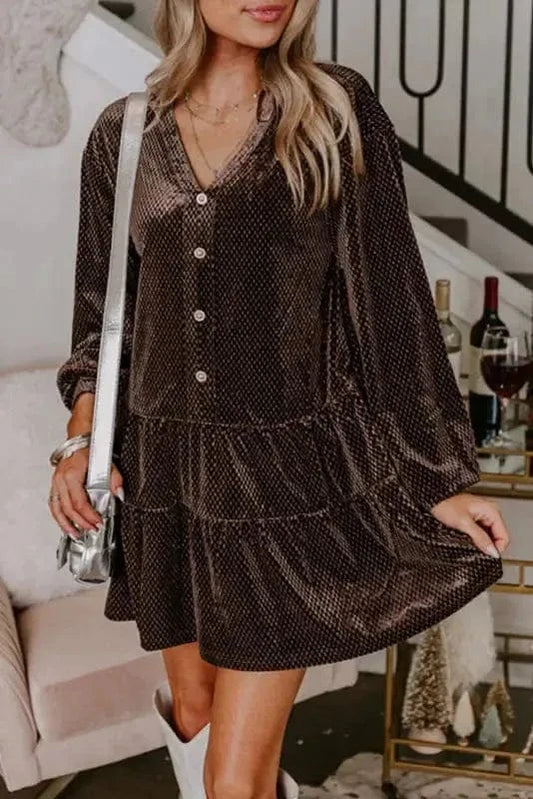 Mini Dresses Dark Brown / S / 85%Polyester+10%Metallized fibres+5%Elastane Velvet Visions Shift Dress