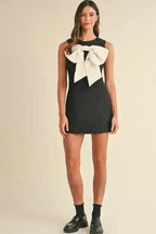 Mini Dresses Elegant Black Mini Dress – Sleeveless Bowknot Applique
