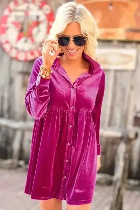 Mini Dresses Fashionfitz Velvet Button Up Dress for Stylish Comfort