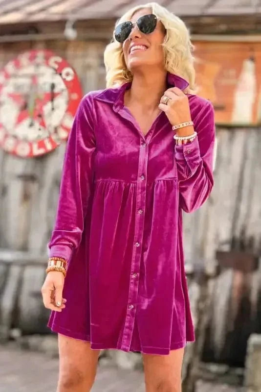 Mini Dresses Fashionfitz Velvet Button Up Dress for Stylish Comfort