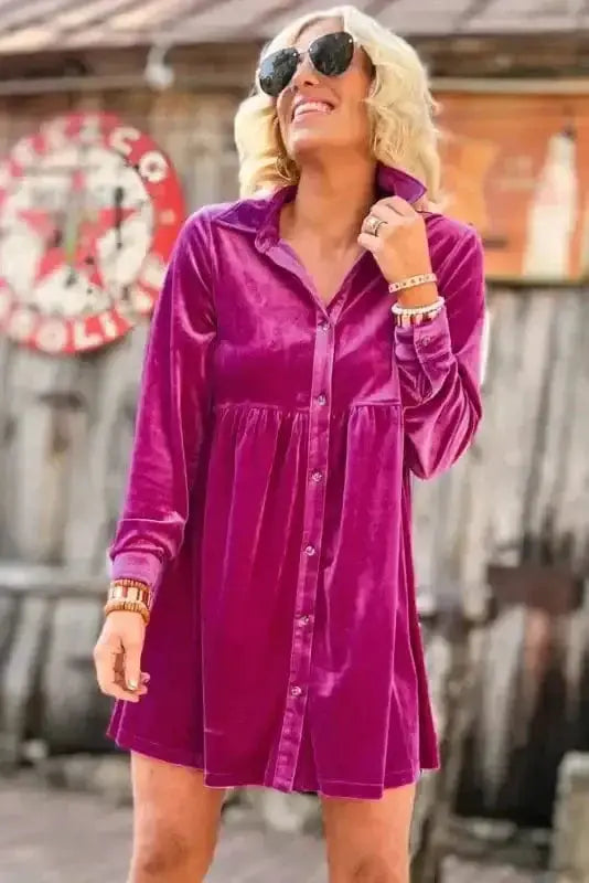 Mini Dresses Fashionfitz Velvet Button Up Dress for Stylish Comfort
