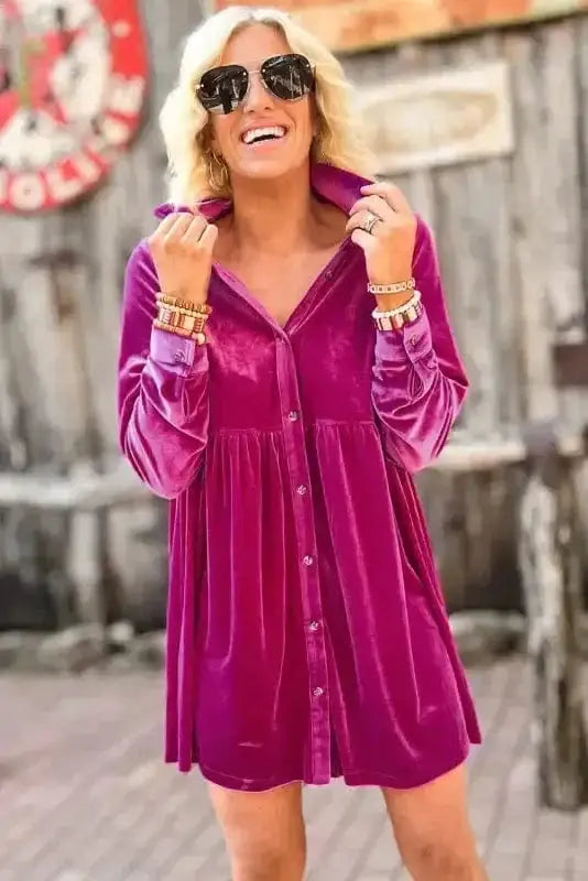 Mini Dresses Fashionfitz Velvet Button Up Dress for Stylish Comfort
