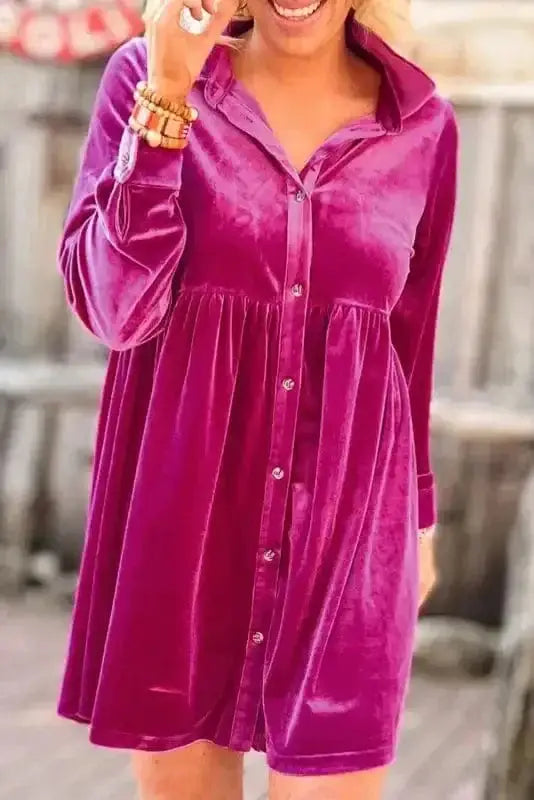 Mini Dresses Fashionfitz Velvet Button Up Dress for Stylish Comfort