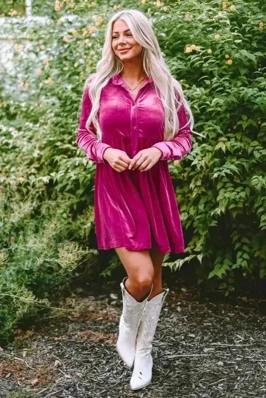 Mini Dresses Fashionfitz Velvet Button Up Dress for Stylish Comfort