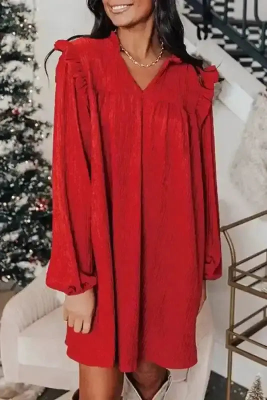 Fiery red frill textured V-neck long sleeve mini dress front view — Fashionfitz UK