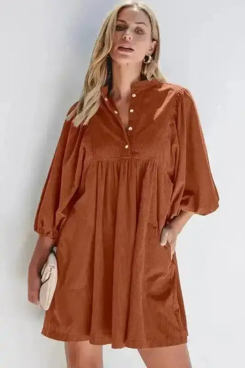 Mini Dresses Gold Flame / S / 100%Polyester Autumn Empire Corduroy Dress - Gold Flame