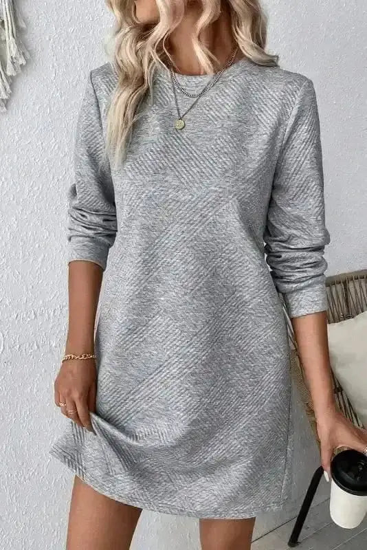 Gray textured casual modern style shift mini dress front view — Fashionfitz UK