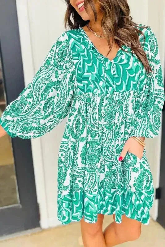 Mini Dresses Green / S / 100%Polyester Boho Charm Flared Mini Dress