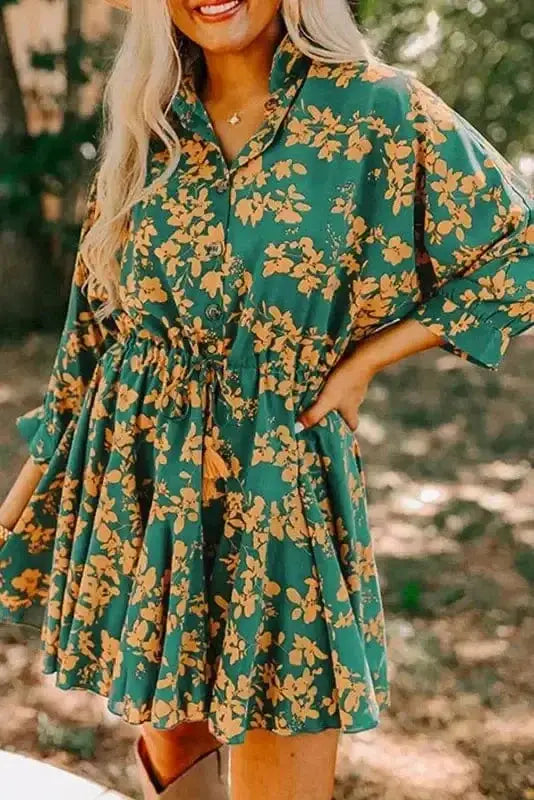 Green floral meadow print shift mini dress front view — Fashionfitz UK