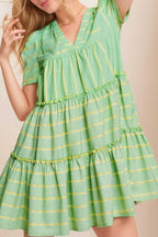 Mini Dresses Green Stripe / S / 100%Polyester Evergreen Stripe Frill Dress