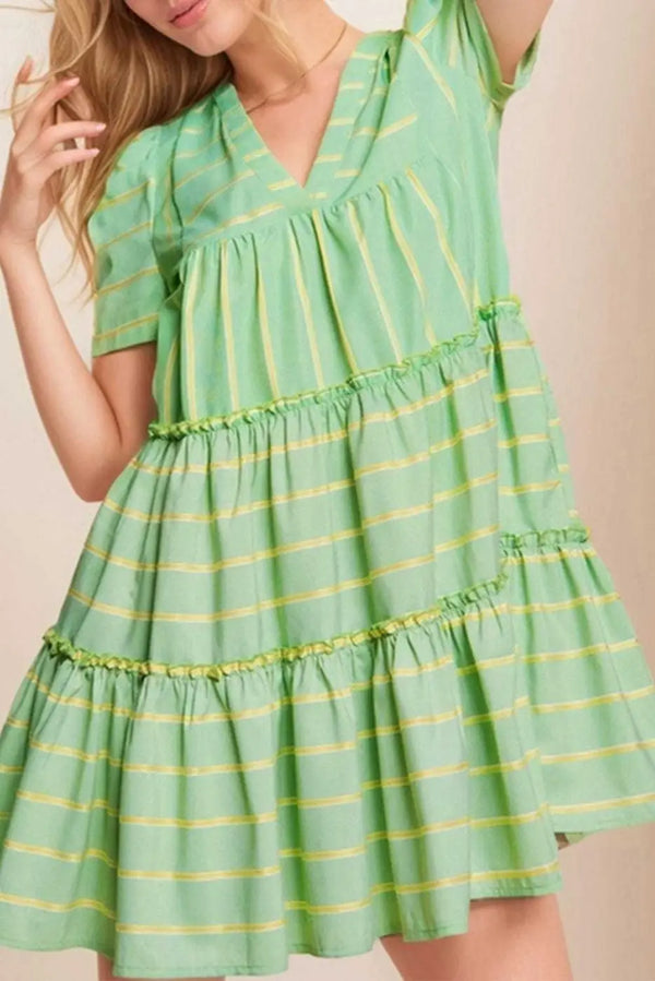 Evergreen stripe V-neck frill hem high waist mini dress front view — Fashionfitz UK