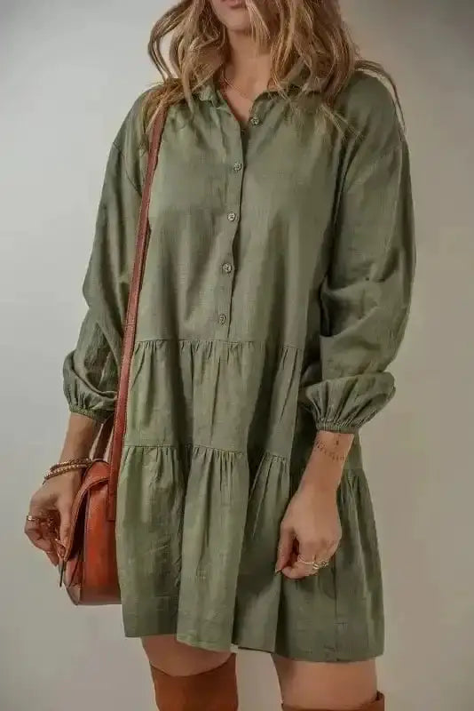 Jungle green long sleeve tiered puff sleeve mini dress front view — Fashionfitz UK